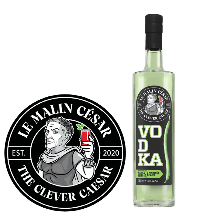 Écusson Le Malin César et bouteille de vodka aux haricots marinés