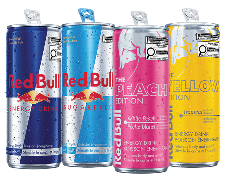 Canettes Red Bull : Energy Drink, Sugarfree, Yellow Edition, Peach Edition